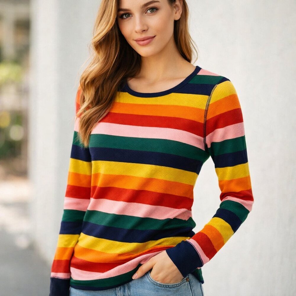 Old Navy Womens Rainbow Stripe Thermal Waffle Knit Long Sleeve Tee Navy XS S New